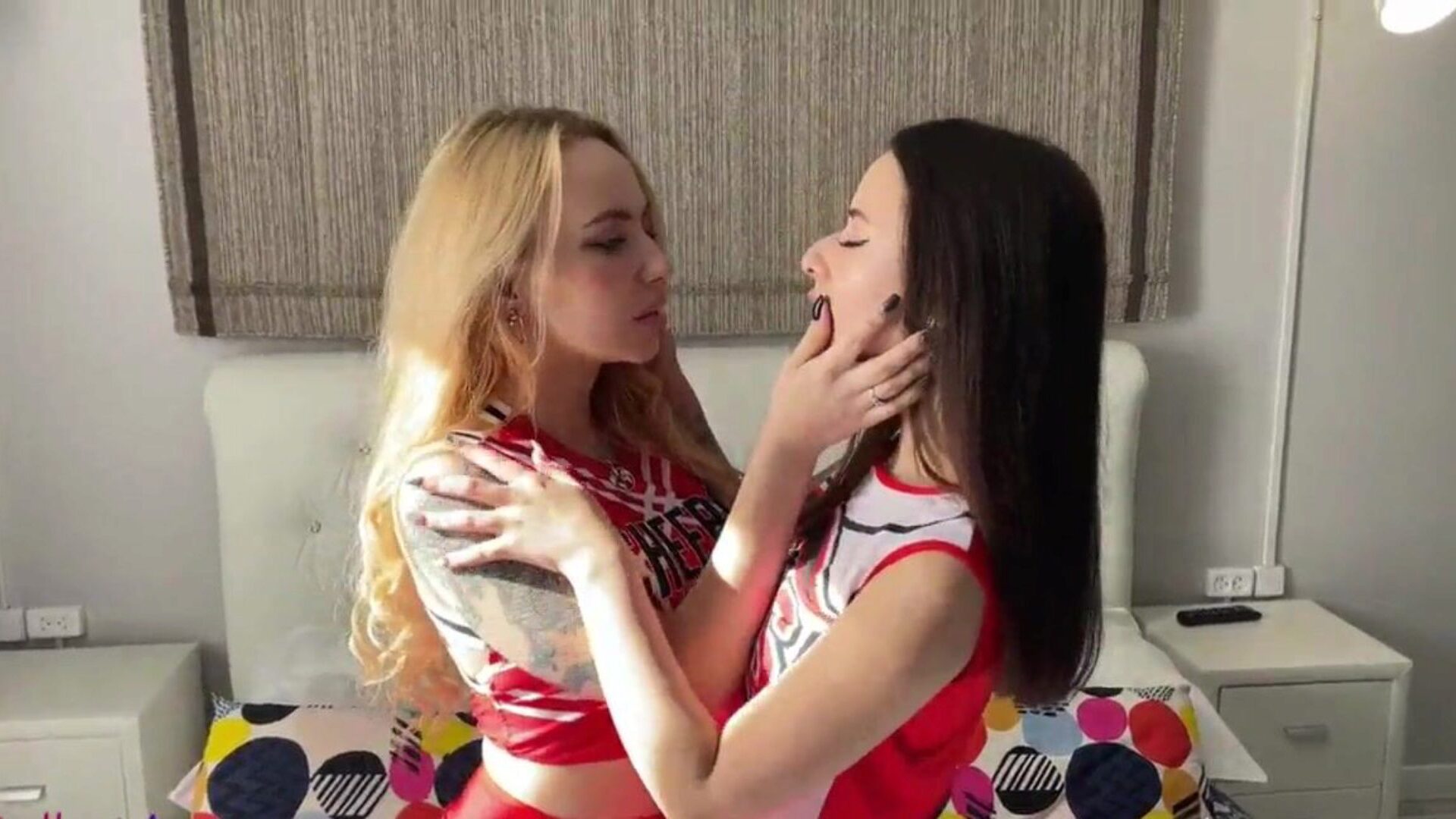 Slutty cheerleaders in brief skirts toying with double finished sextoy